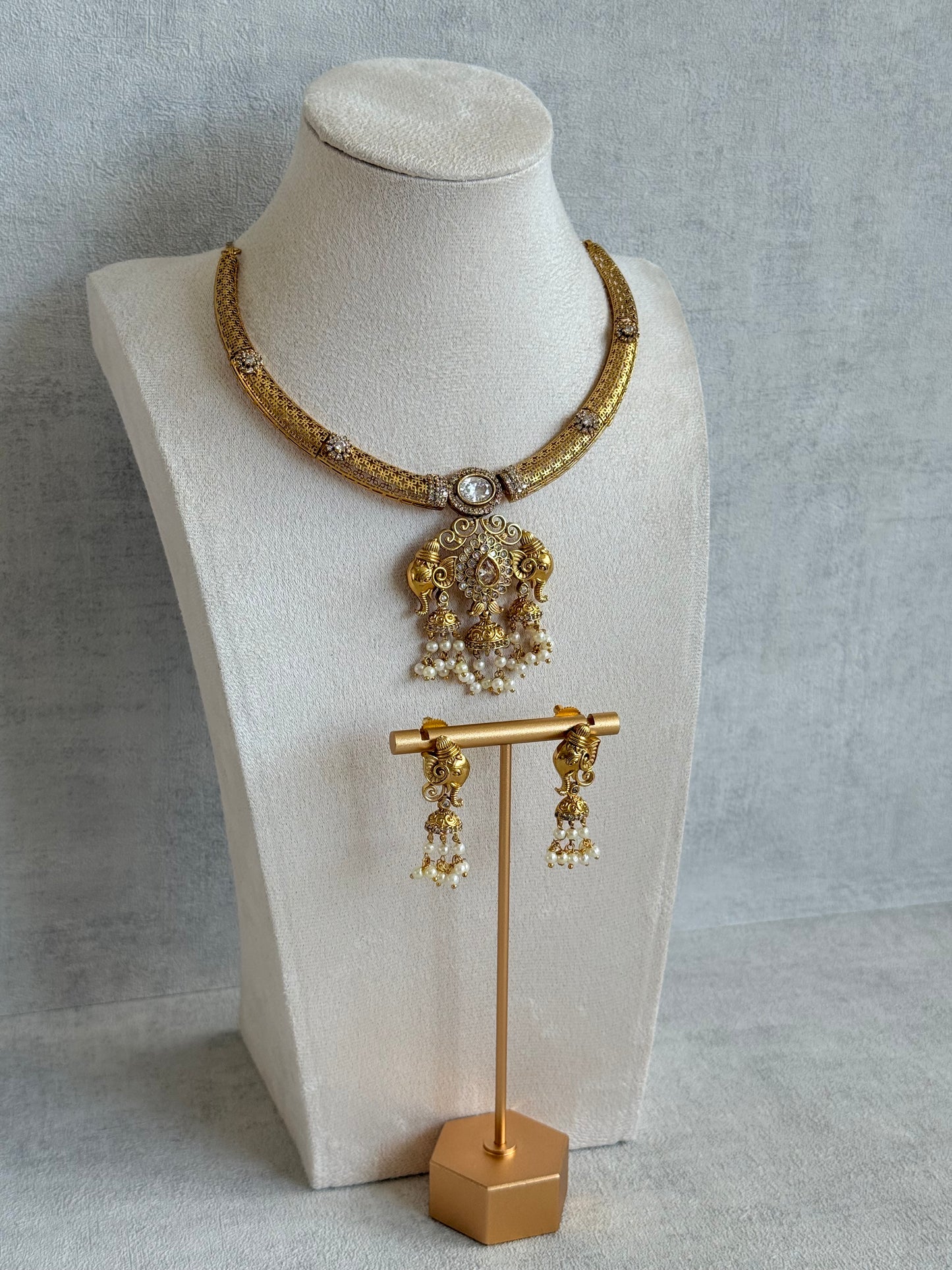 Ayura Designs Wadha Collar Necklace Set with Earrings – Gold Elephant Pendant & White Crystal Detailing