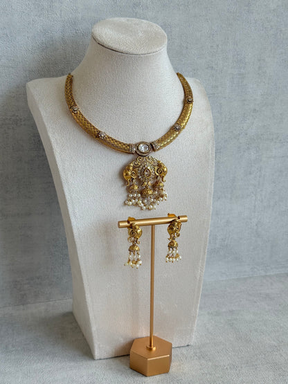 Ayura Designs Wadha Collar Necklace Set with Earrings – Gold Elephant Pendant & White Crystal Detailing