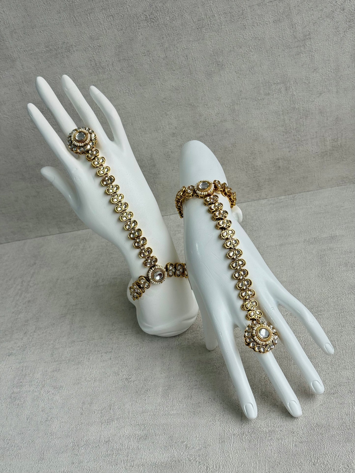 Ayura Designs Maura Haathphool – Antique Gold Hand Harness with Mirror-Cut Stones & Pearl Detailing
