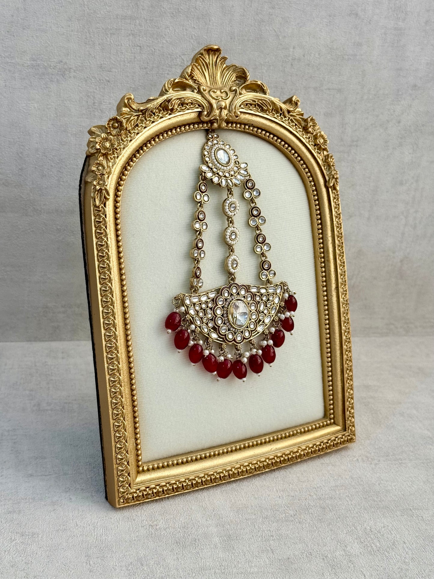Ayura Designs Uma Jhoomar Passa – Ruby Red Drops with Kundan Stones & Antique Gold Finish