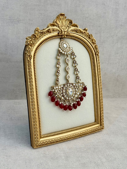 Ayura Designs Uma Jhoomar Passa – Ruby Red Drops with Kundan Stones & Antique Gold Finish