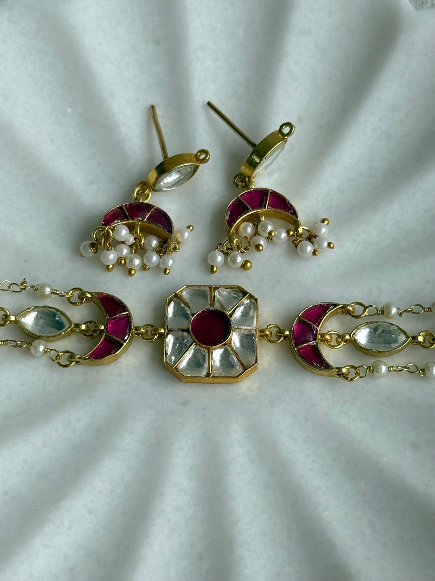Ayura Designs Mahi Choker Set with Earrings – Meenakari Kundan Hot Pink & Ivory Detailing