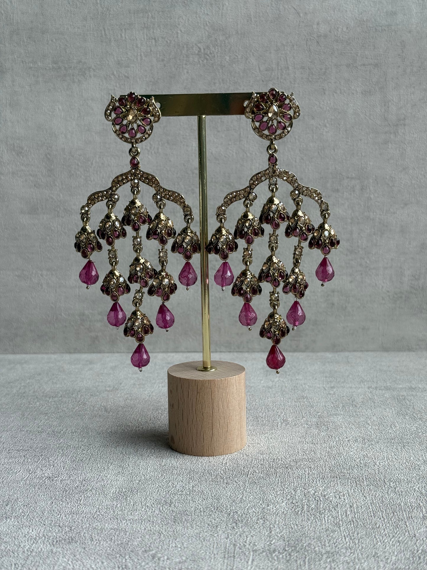 Ayura Designs Jasmine Earrings – Chandelier Earrings with Rose Pink Beads & Antique Gold Detailing