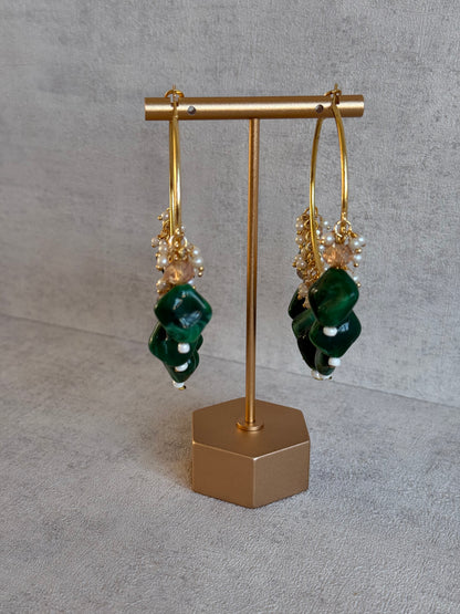 Ayura Designs Heer Balis – Gold Hoops with Forest Green Marble Beads, Pearls & Crystal Detailing