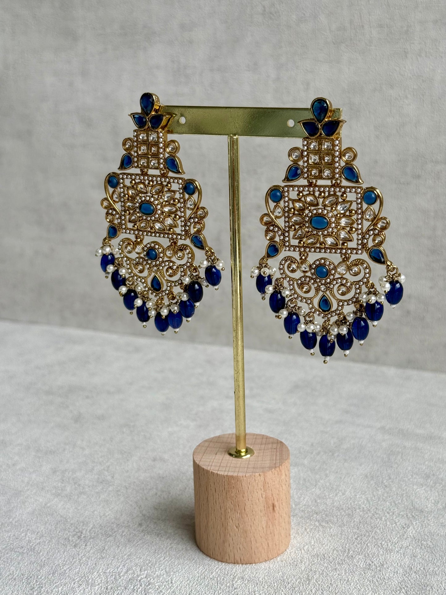 Ayura Designs Arwa Earrings – Antique Gold Finish with Midnight Blue Stones & Pearl Detailing