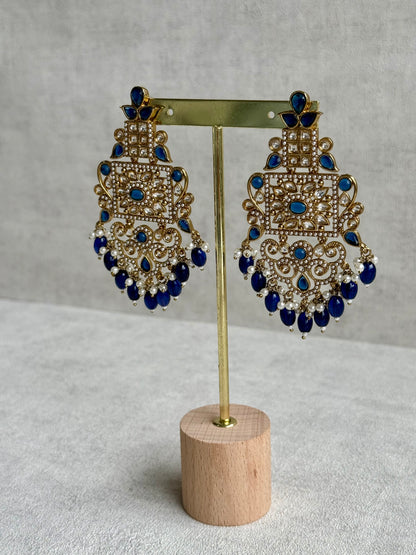 Ayura Designs Arwa Earrings – Antique Gold Finish with Midnight Blue Stones & Pearl Detailing