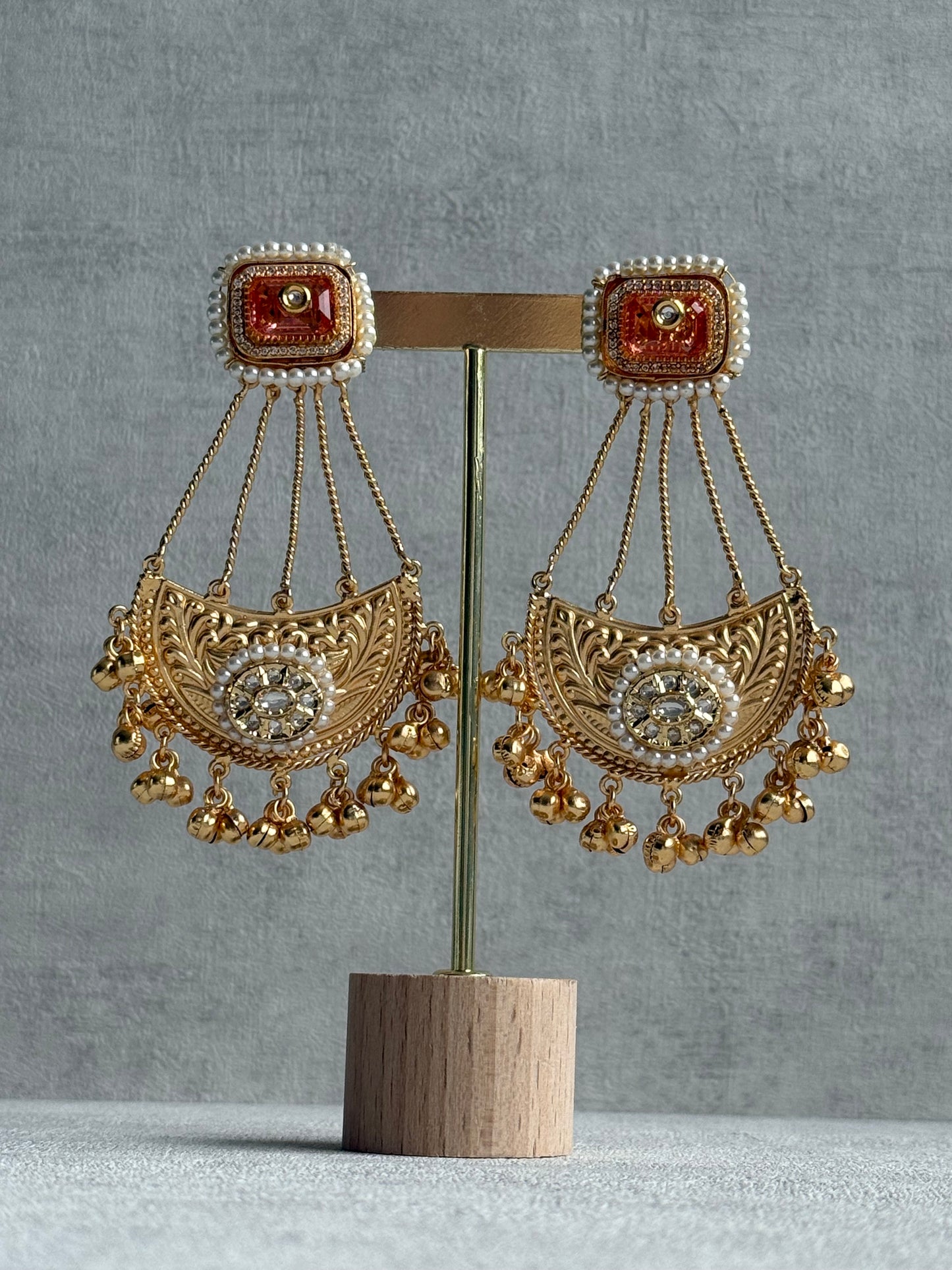 Ayura Designs Jheel Earrings – Amber Half-Moon Drops with Pearl Edging & Golden Ghungroos