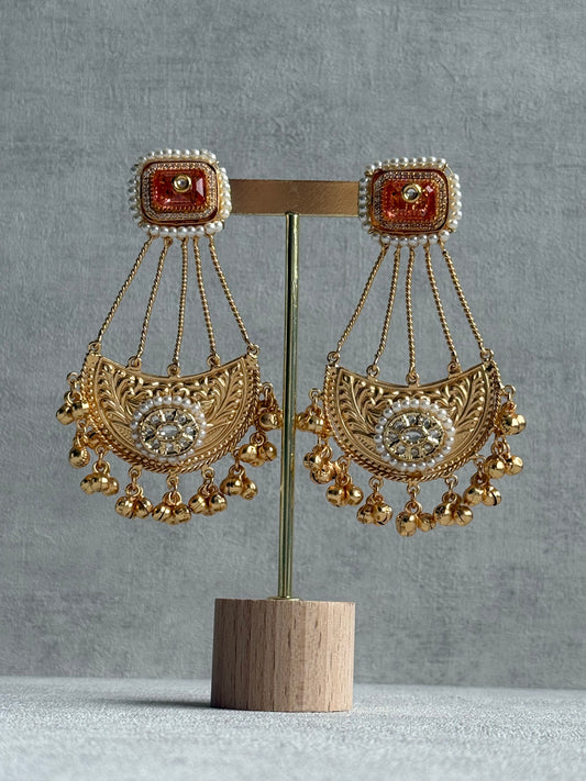 Ayura Designs Jheel Earrings – Amber Half-Moon Drops with Pearl Edging & Golden Ghungroos