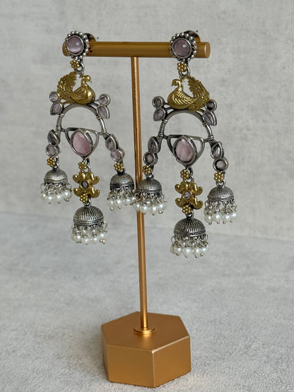 Ayura Designs Mehrza Earrings – Oxidised Peacock Motif Statement Earrings with Pearl Jhumkis & Blush Pink Stones