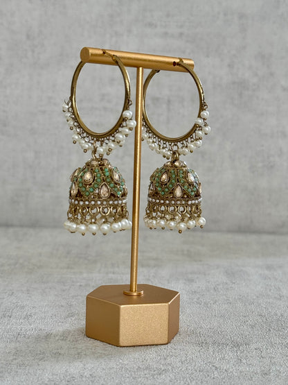 Ayura Designs Jugni Bali Jhumkas – Antique Gold with Pastel Green & Pearl Accents