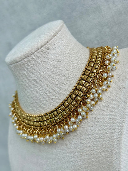 Ayura Designs Ranya Set – Antique Gold Necklace with Stud Earrings & Pearl Detailing