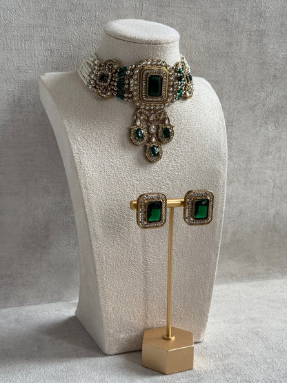 Ayura Designs Nabiha Choker Set with Studs – Emerald Green Stones, Pearl Detailing & Antique Gold Finish