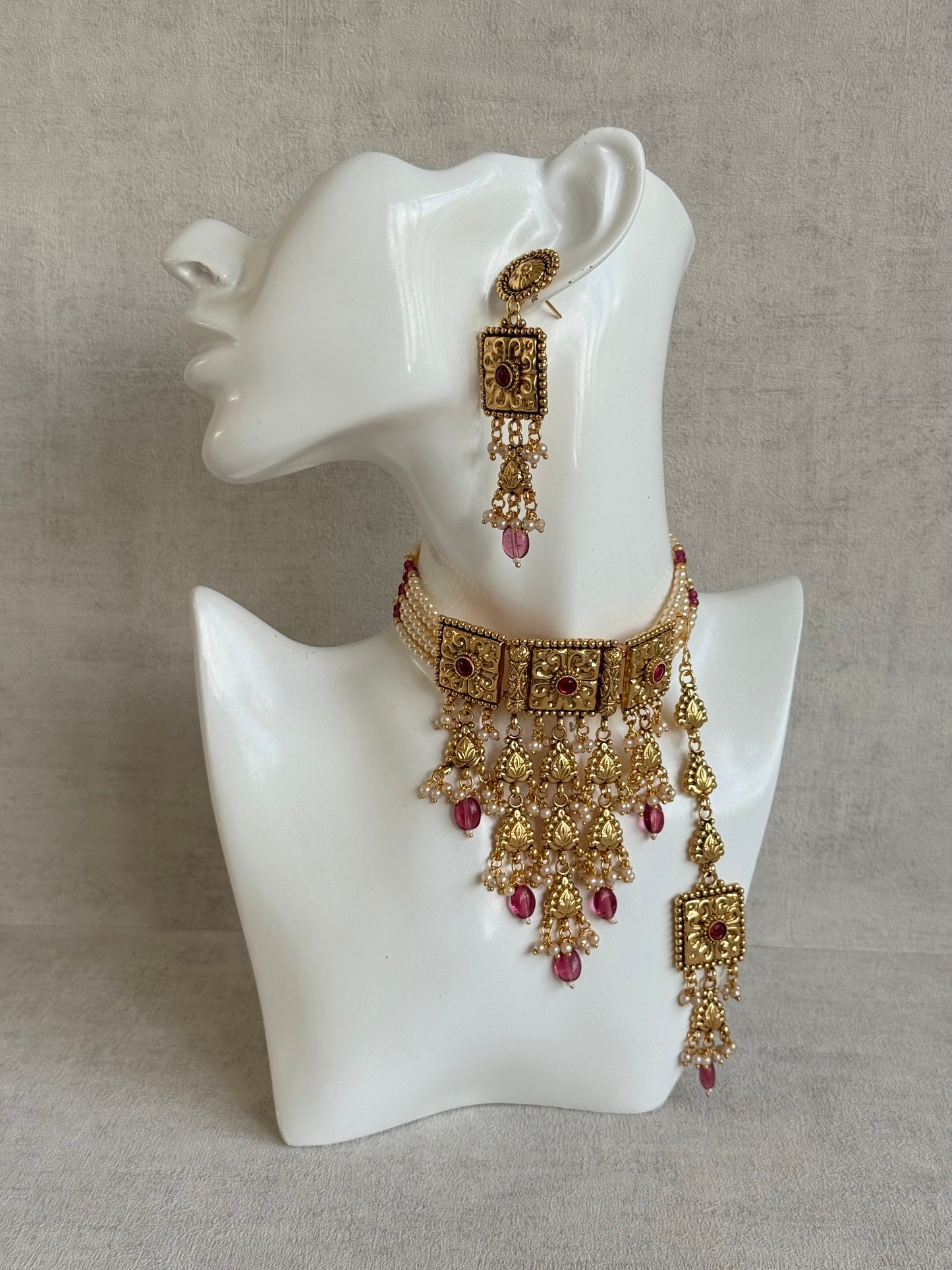Ayura Designs Nimrah Choker Set with Earrings & Tikka – Ruby Pink Gold Tone Waterfall Jewellery Set