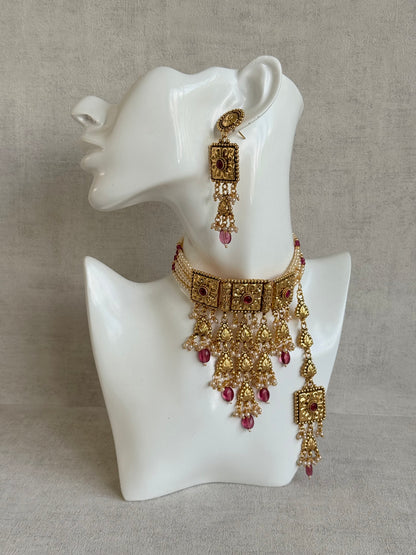 Ayura Designs Nimrah Choker Set with Earrings & Tikka – Ruby Pink Gold Tone Waterfall Jewellery Set