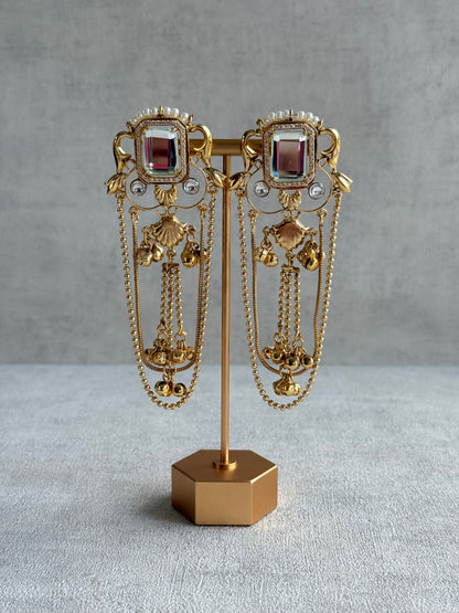 Ayura Designs Jaid Earrings – Crystal Floral Motif with Layered Chains & Ghungroos