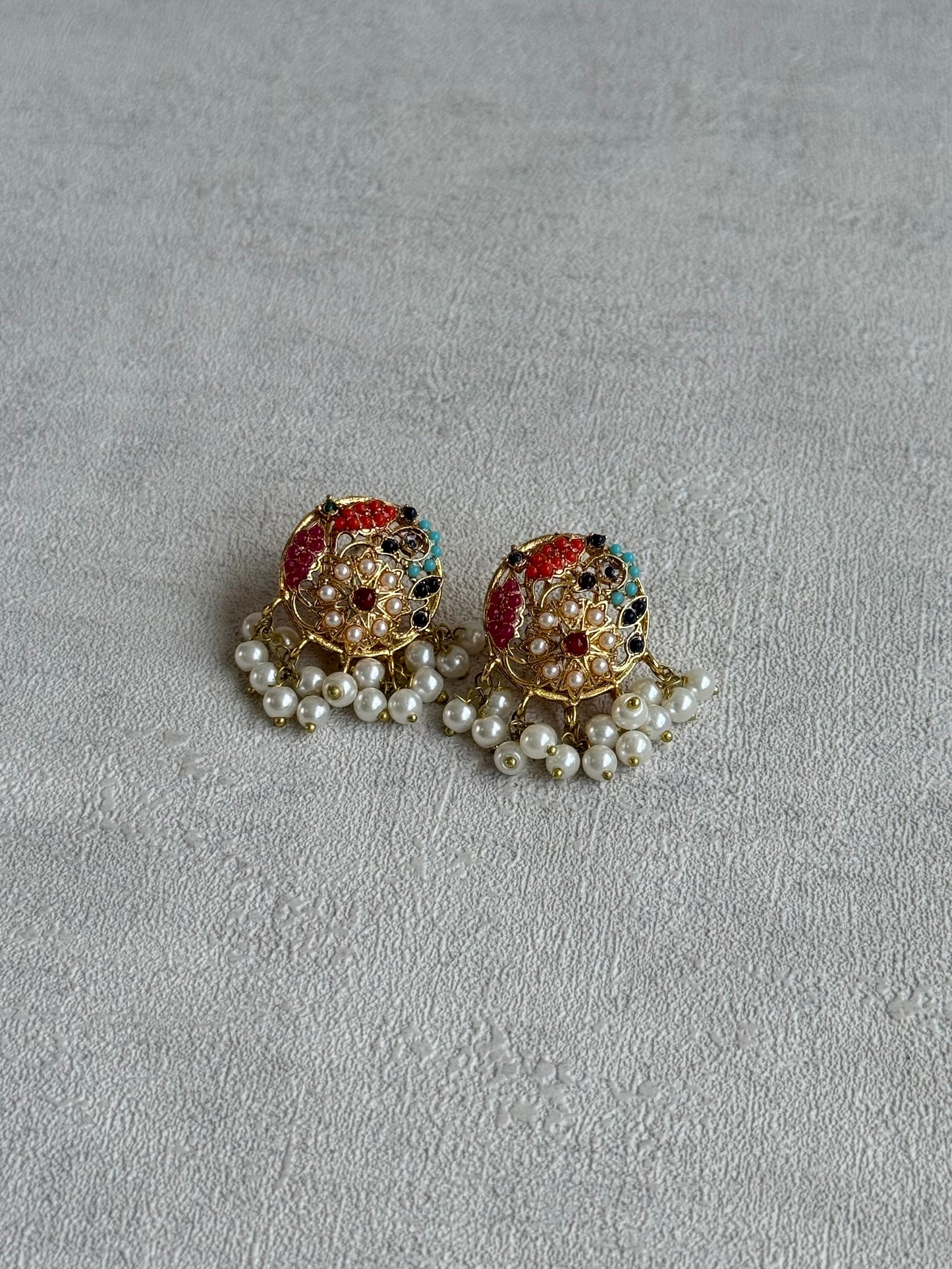 Ayura Designs Rasya Stud Earrings – Multicolour Stones with Pearl Drops & Gold Detailing