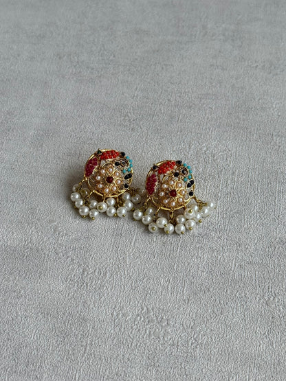 Ayura Designs Rasya Stud Earrings – Multicolour Stones with Pearl Drops & Gold Detailing