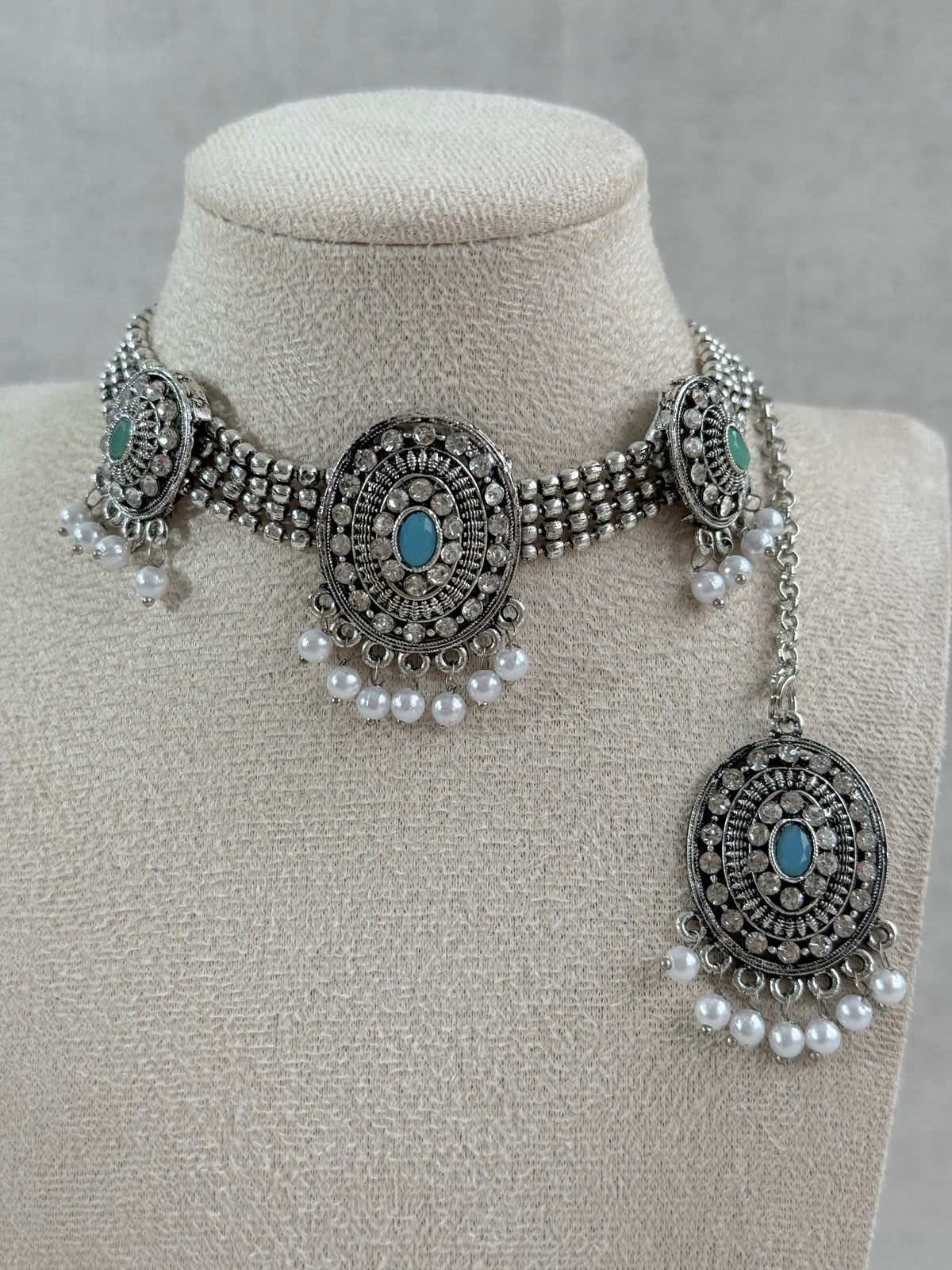 Ayura Designs Gauri Choker Necklace Set with Earrings & Tikka – Mint Green, Turquoise Blue & Crystal Stones with Oxidised Silver Finish