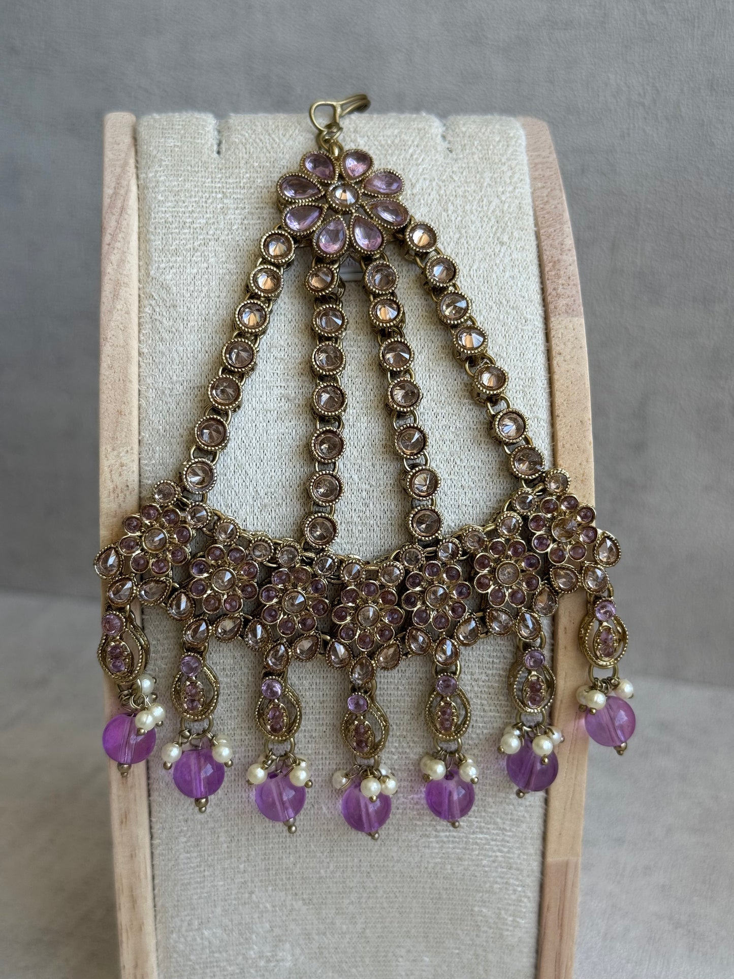 Ayura Designs Nehaat Set with Choker, Earrings, Tikka & Passa – Antique Gold with Lavender Beads, Pearls & Kundan Detailing