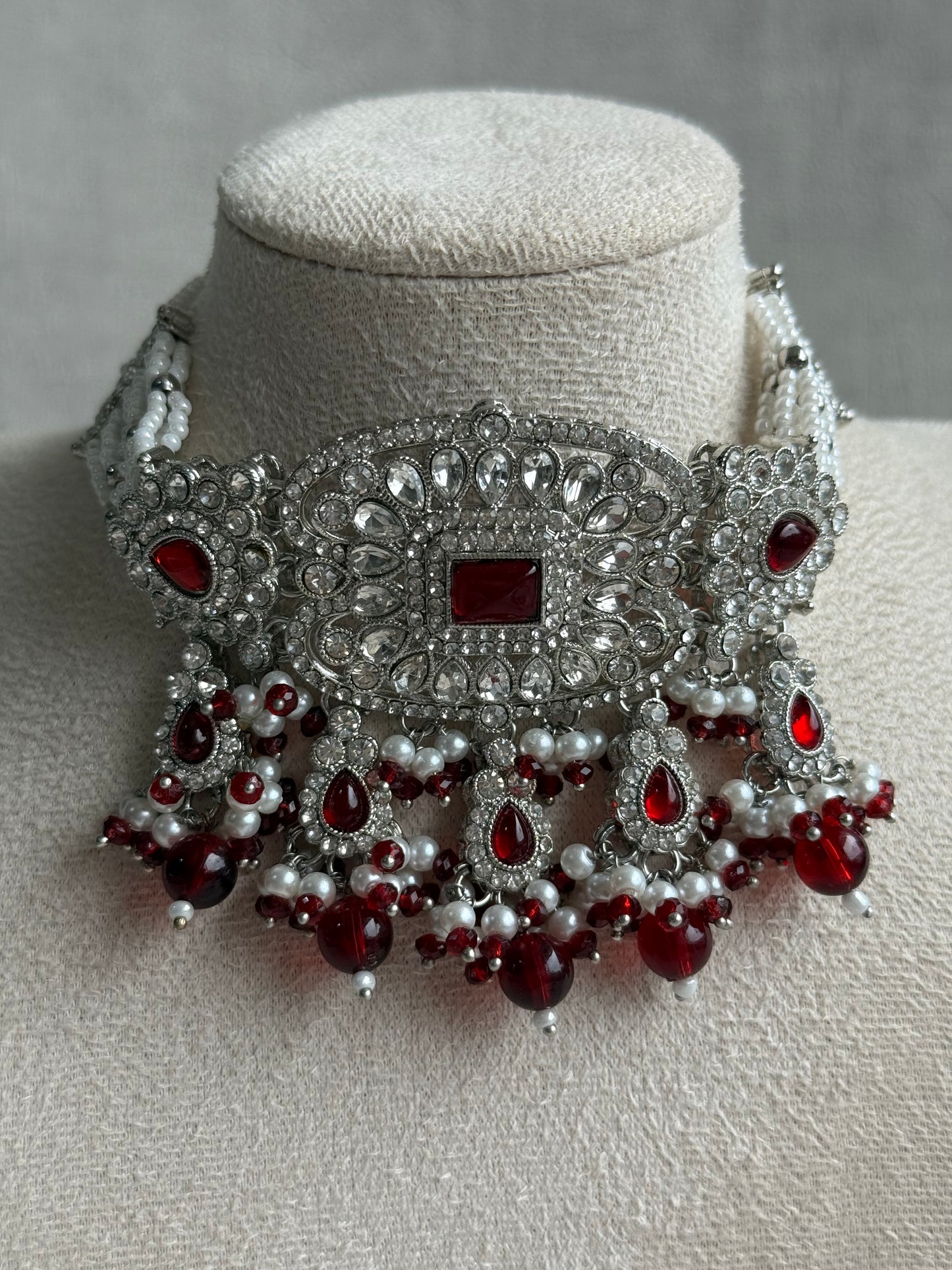 Ayura Designs Nandhini Set – Choker, Earrings & Tikka with Ruby Red Stones, Pearls & Silver Finish