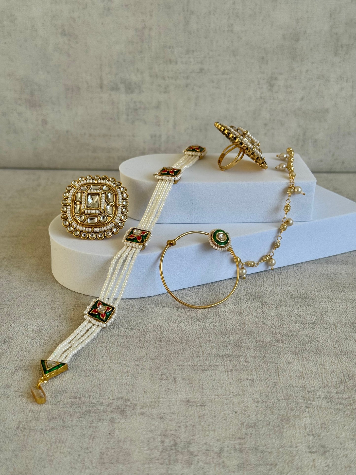 Ayura Designs Malika Bridal Set with Necklace, Jhumkis, Tikka, Nath, Ring & Sheeshphool – Jadau Kundan Craftsmanship with Mirror-Cut Polki, Jade-Toned Drops, Ruby Accents & Antique Gold Finish