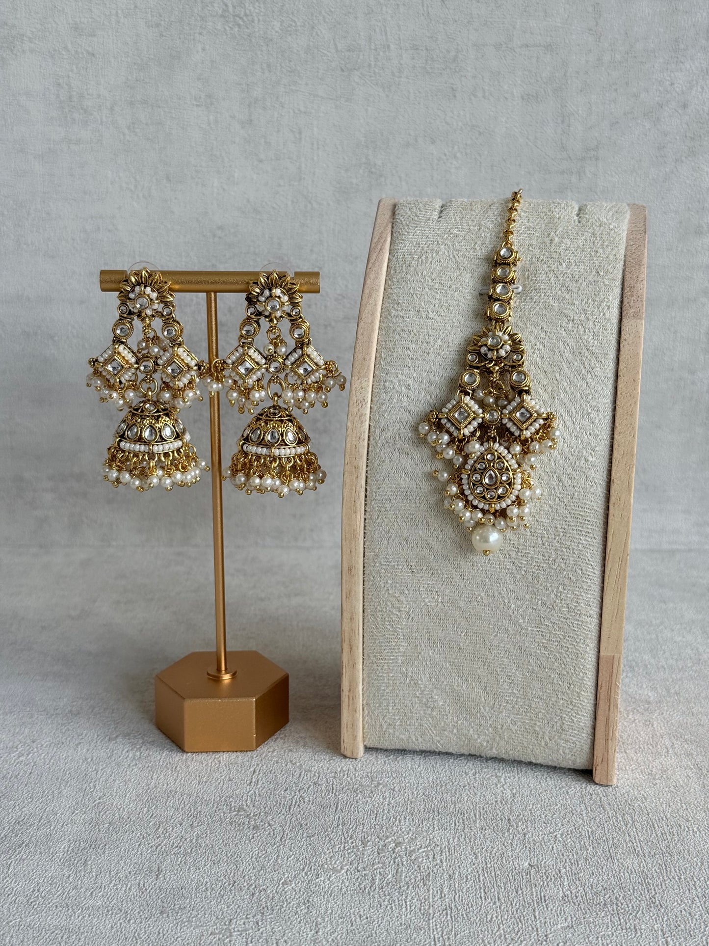 Ayura Designs Ania Tikka Set with Jhumkis – Pearl, Kundan & Gold Detailing