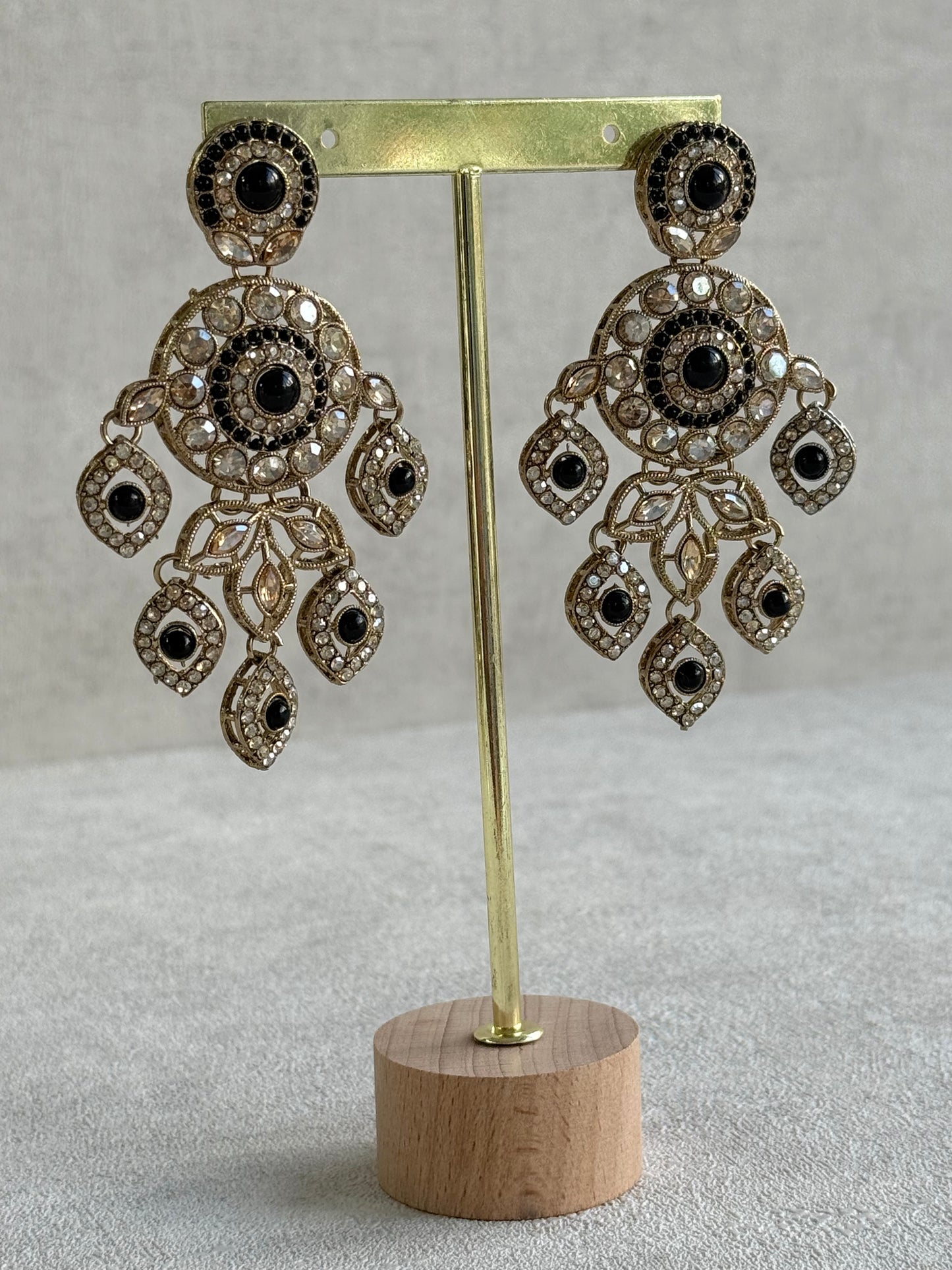 Ayura Designs Vanika Earrings – Black & Champagne Crystal Gold Finish