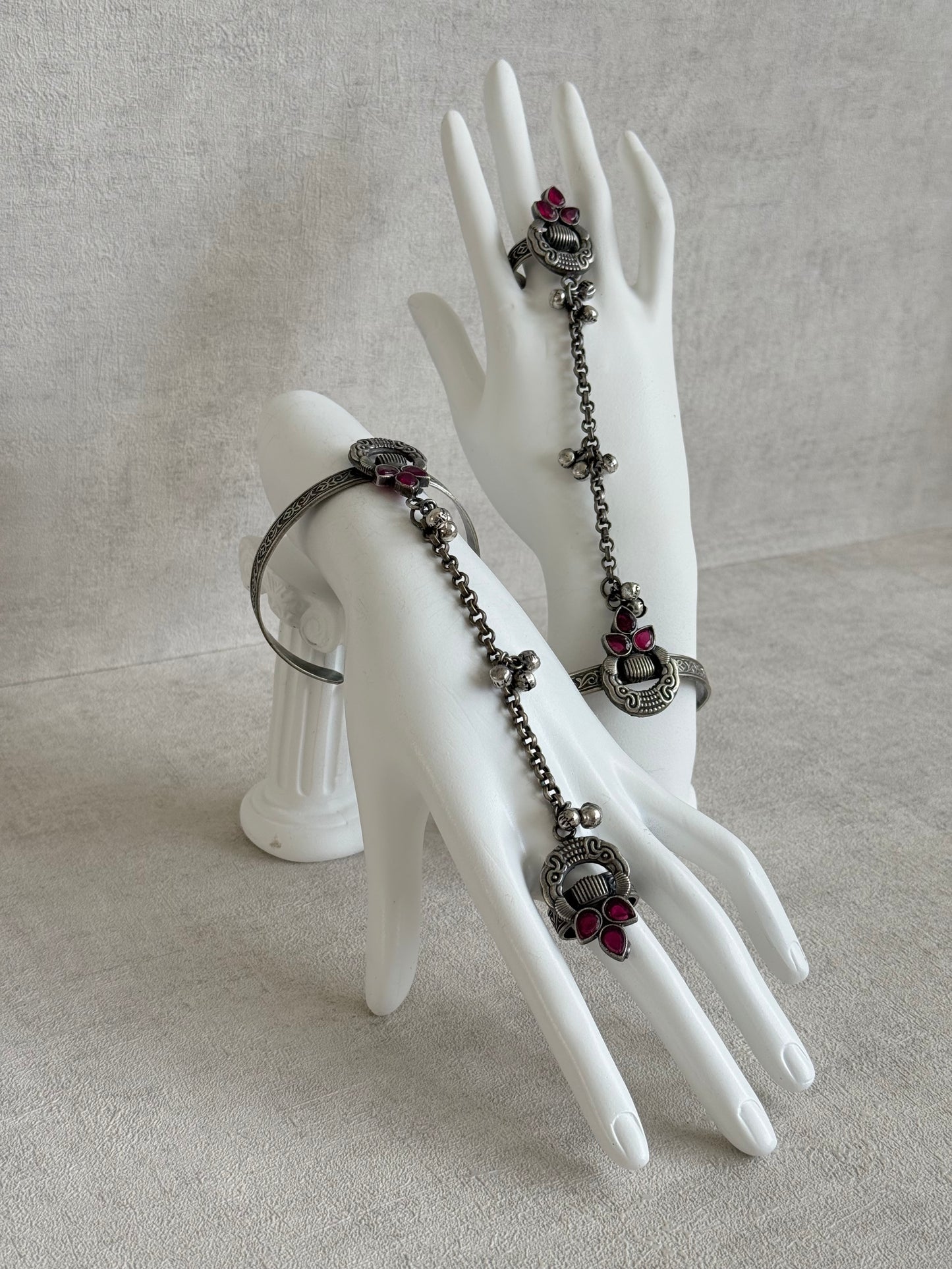 Ayura Designs Ishaana Haathphool Set of 2 – Oxidised Silver Hand Harness with Ruby Pink Stones & Ghungroo Detailing