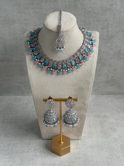Ayura Designs Rayal Set – Silver Necklace, Jhumkis & Tikka with Aqua Blue, Blush Pink & Pearl Detailing