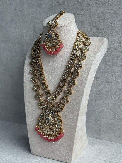 Ayura Designs Javeria Set with Earrings & Tikka – Peach Beads, Mirror Kundan & Gold Finish