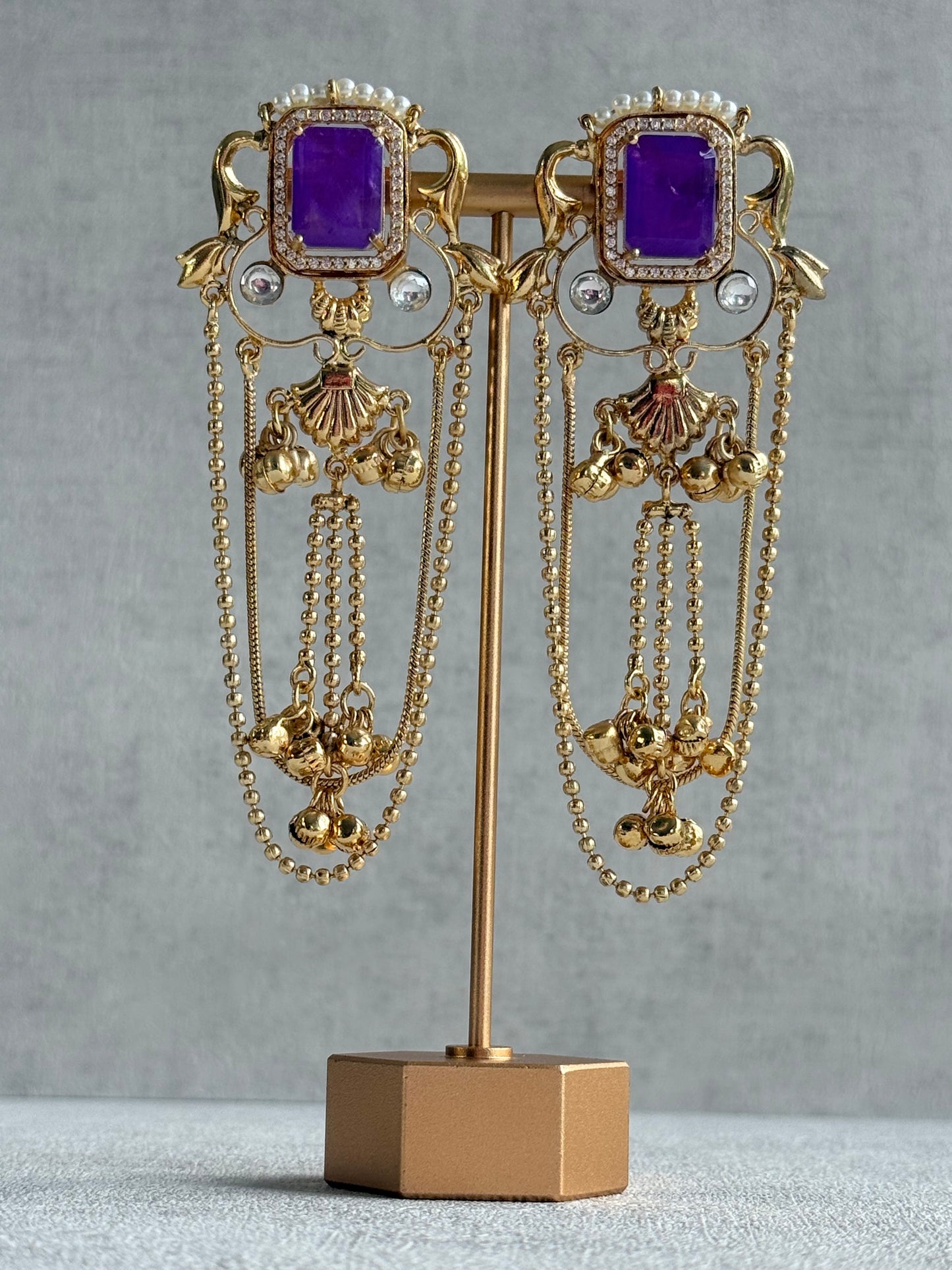 Ayura Designs Jaid Earrings – Royal Purple Floral Motif with Layered Chains & Ghungroos