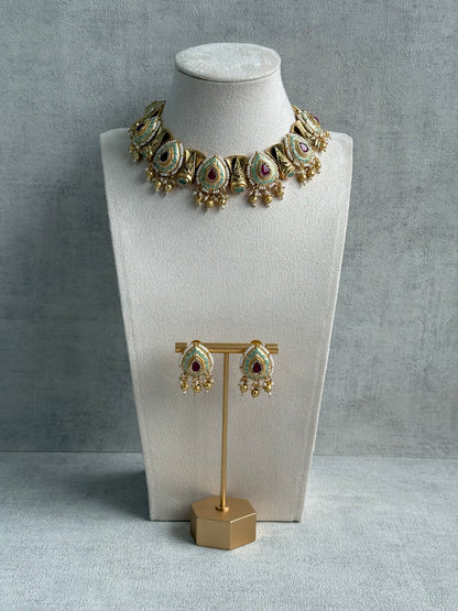 Ayura Designs Aaira Set with Necklace & Studs – Mint Green Meenakari with Rani Pink Centre & Pearl Detailing