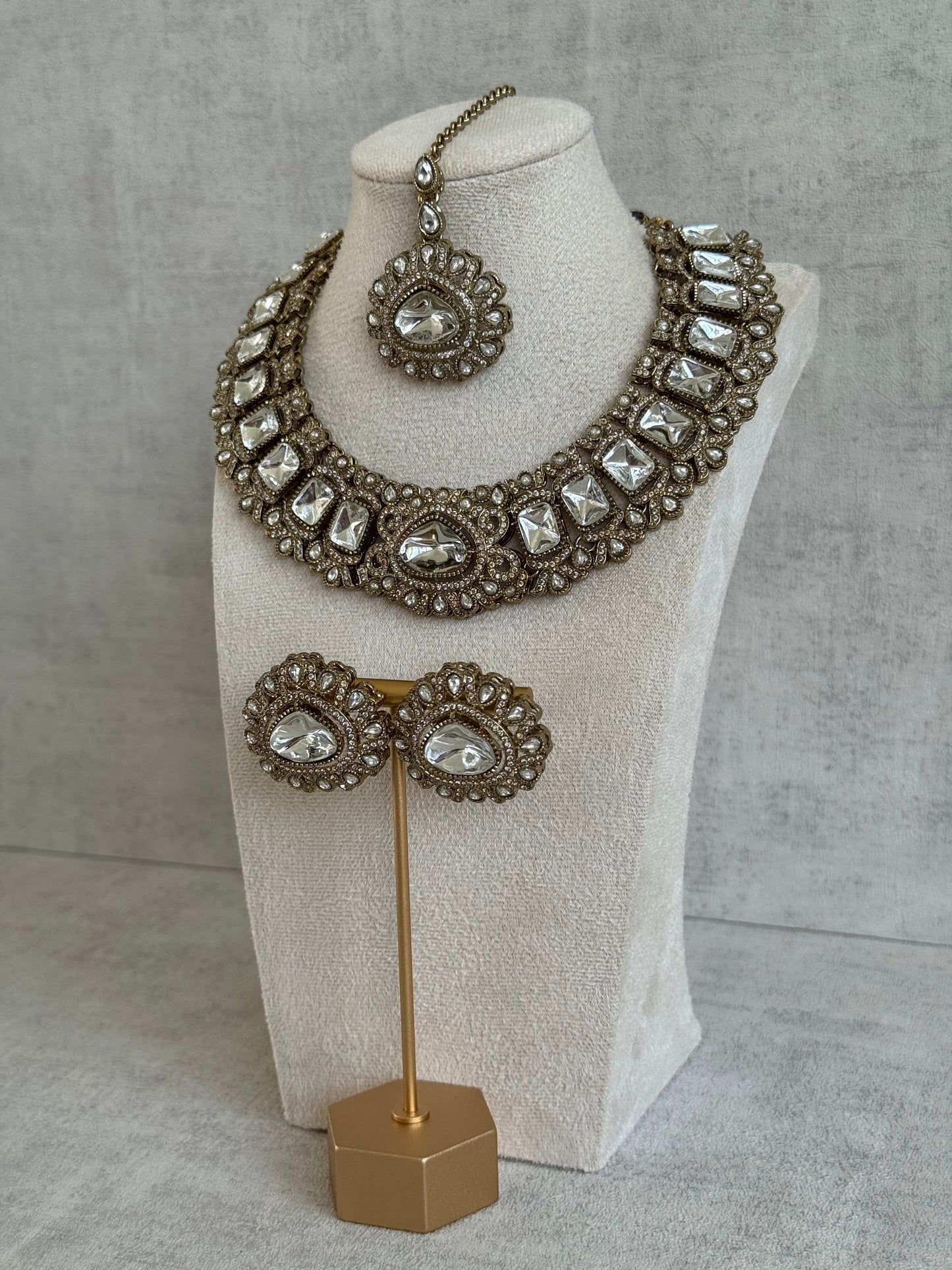 Ayura Designs Riva Set with Necklace, Studs & Tikka – All-Mirror Stones in Antique Gold