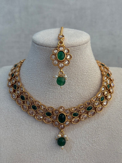 Ayura Designs Biju Set with Necklace, Earrings & Tikka – Emerald Green & Ivory Pearls, Mirror-Cut Stones, Antique Gold Finish