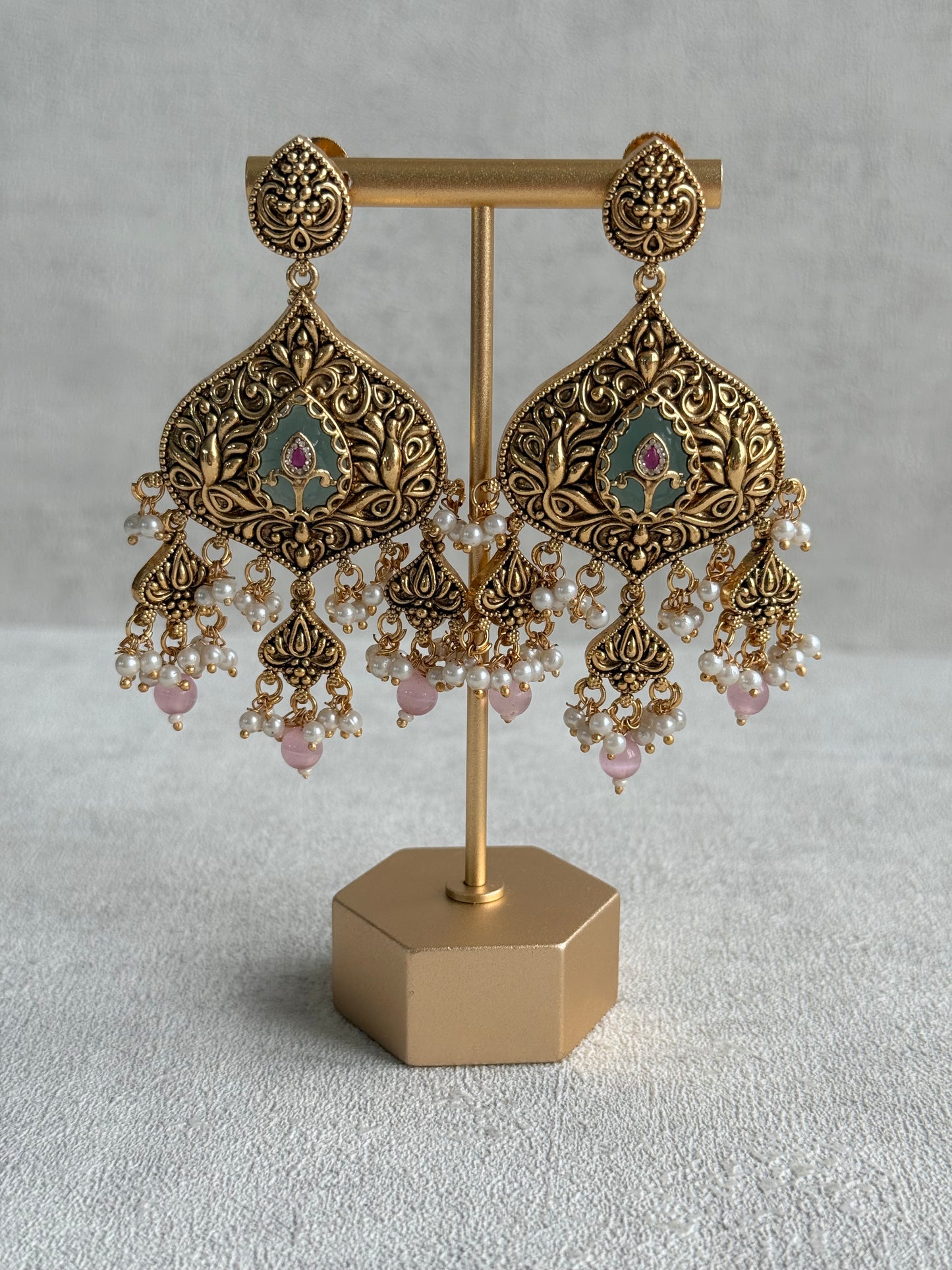 Ayura Designs Afia Necklace Set with Earrings & Tikka – Antique Gold, Blush Pink Pearls, Green Centre Stone & Peacock Motifs