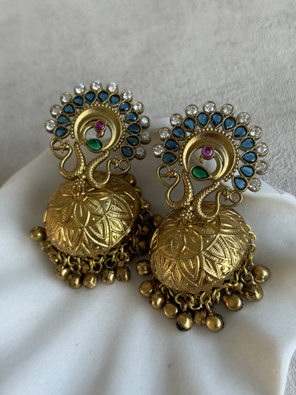 Ayura Designs Moraya Jhumkis – Ink Blue Peacock Motif with Antique Gold Detailing