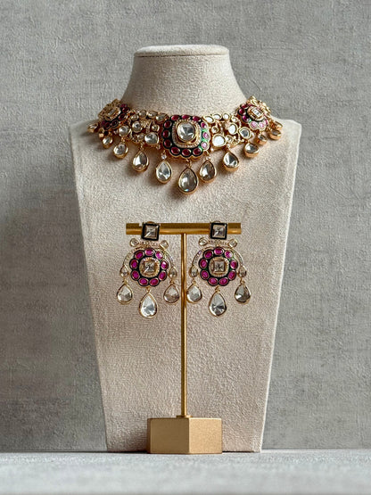 Ayura Designs Ishika Set – Kundan Necklace with Pink & Green Meenakari and Teardrop Crystals
