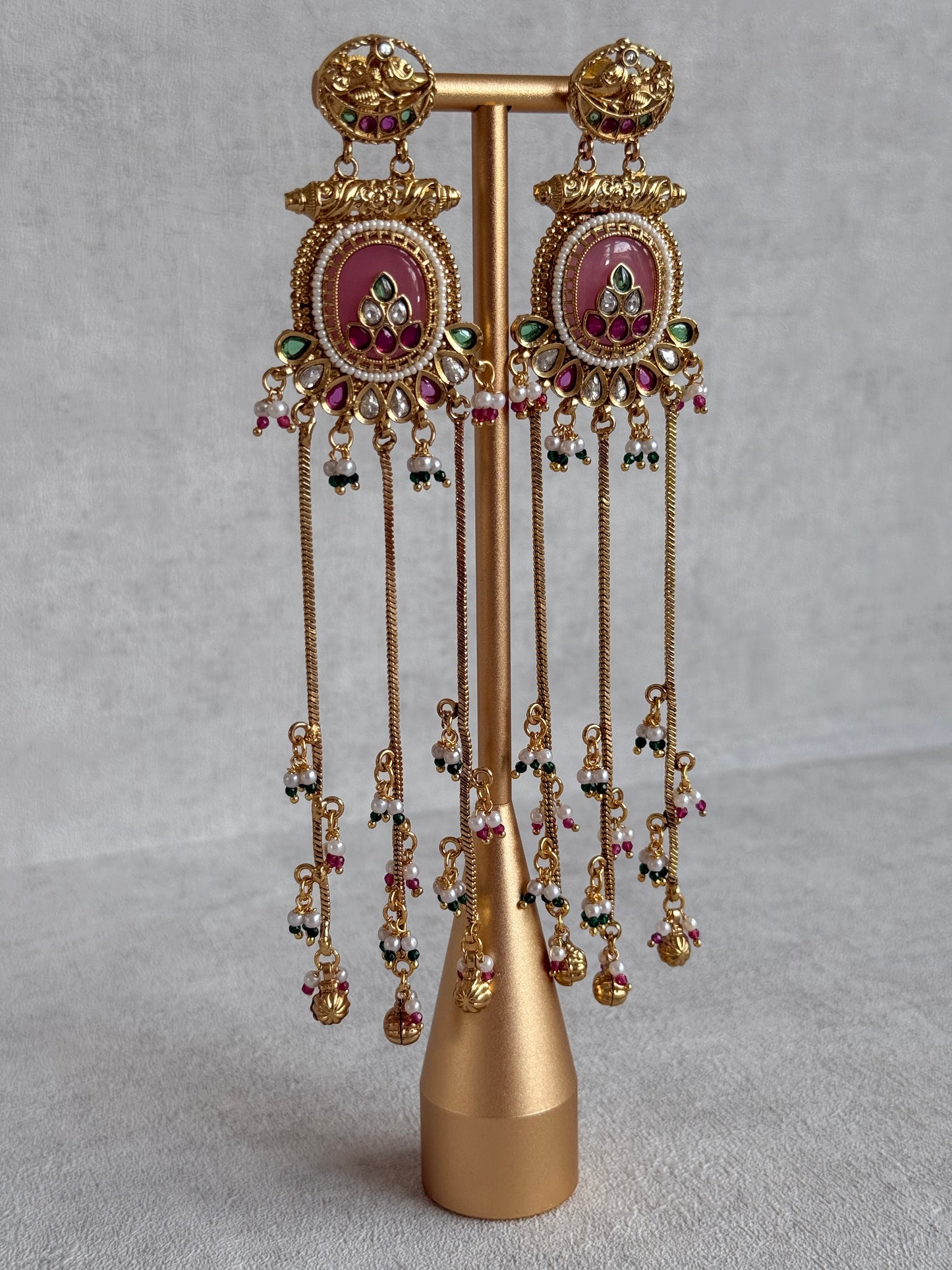 Ayura Designs Kaveri Earrings – Gold Long Chain Drop Earrings with Kundan, Pearls & Ghungroo Detailing – Rose Pink