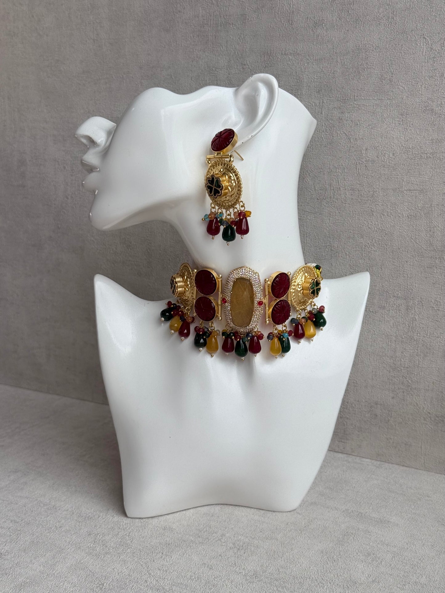 Ayura Designs Faizaan Choker Set with Earrings – Multicolour Stone Drops, Carved Ruby Details & Antique Gold Finish