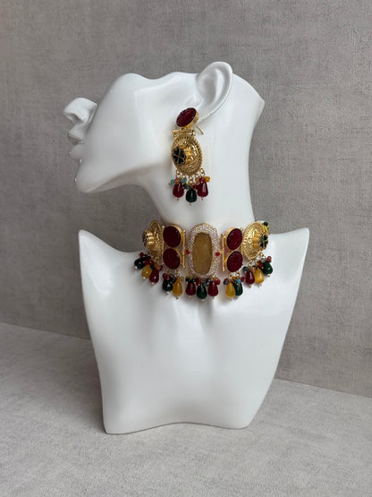 Ayura Designs Faizaan Choker Set with Earrings – Multicolour Stone Drops, Carved Ruby Details & Antique Gold Finish