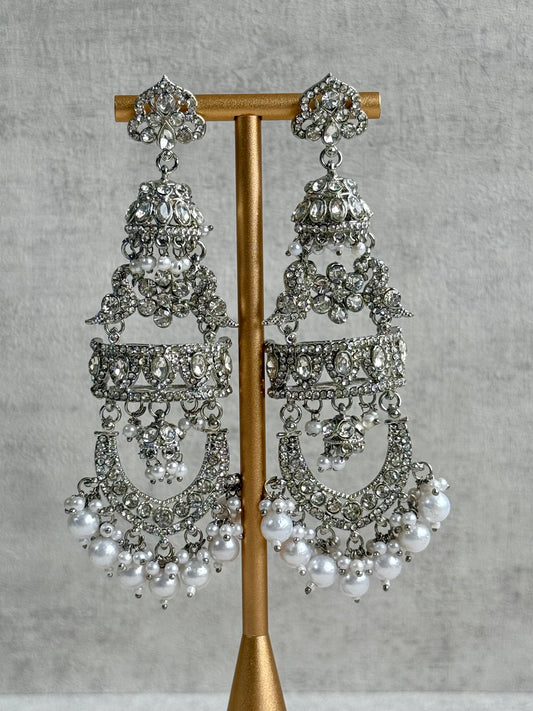 Ayura Designs Giselle Earrings – Silver Finish Chandbali Jhumkas with Mirror-Cut Stones & Pearl Drops