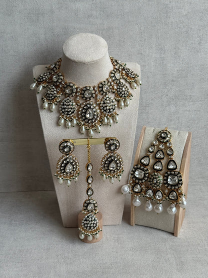 Ayura Designs Ayesha Bridal Set with Necklace, Earrings, Tikka & Passa – Emerald Green Enamel, Mirror-Cut Stones, Pearls & Antique Gold Kundan Detailing