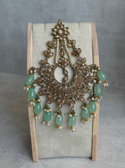 Ayura Designs Sajda Bridal Set with Necklace, Earrings, Tikka & Passa – Pistachio Green Beads, Kundan & Mirror-Cut Detailing