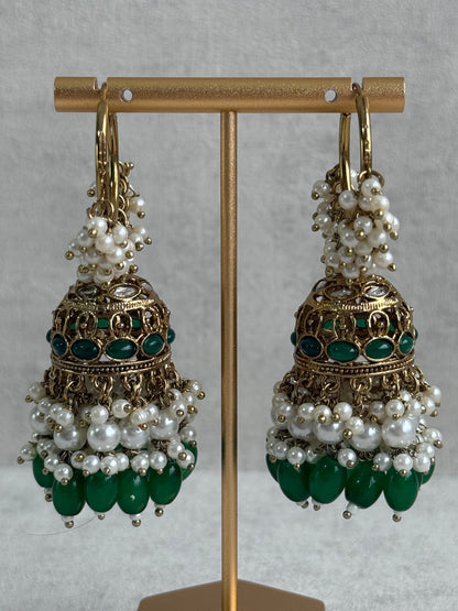 Ayura Designs Jugni Jhumkis – Antique Gold Balis with Emerald Beads & Pearl Clusters