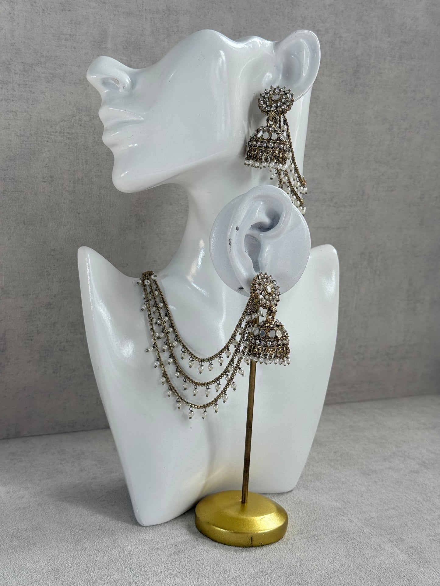 Ayura Designs Aks-e-Noor Jhumkis – Antique Gold Mirror & Crystal Earrings with Detachable Triple-Layer Pearl Sahare