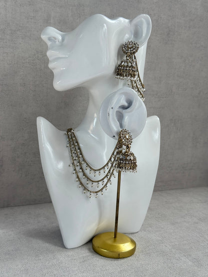Ayura Designs Aks-e-Noor Jhumkis – Antique Gold Mirror & Crystal Earrings with Detachable Triple-Layer Pearl Sahare