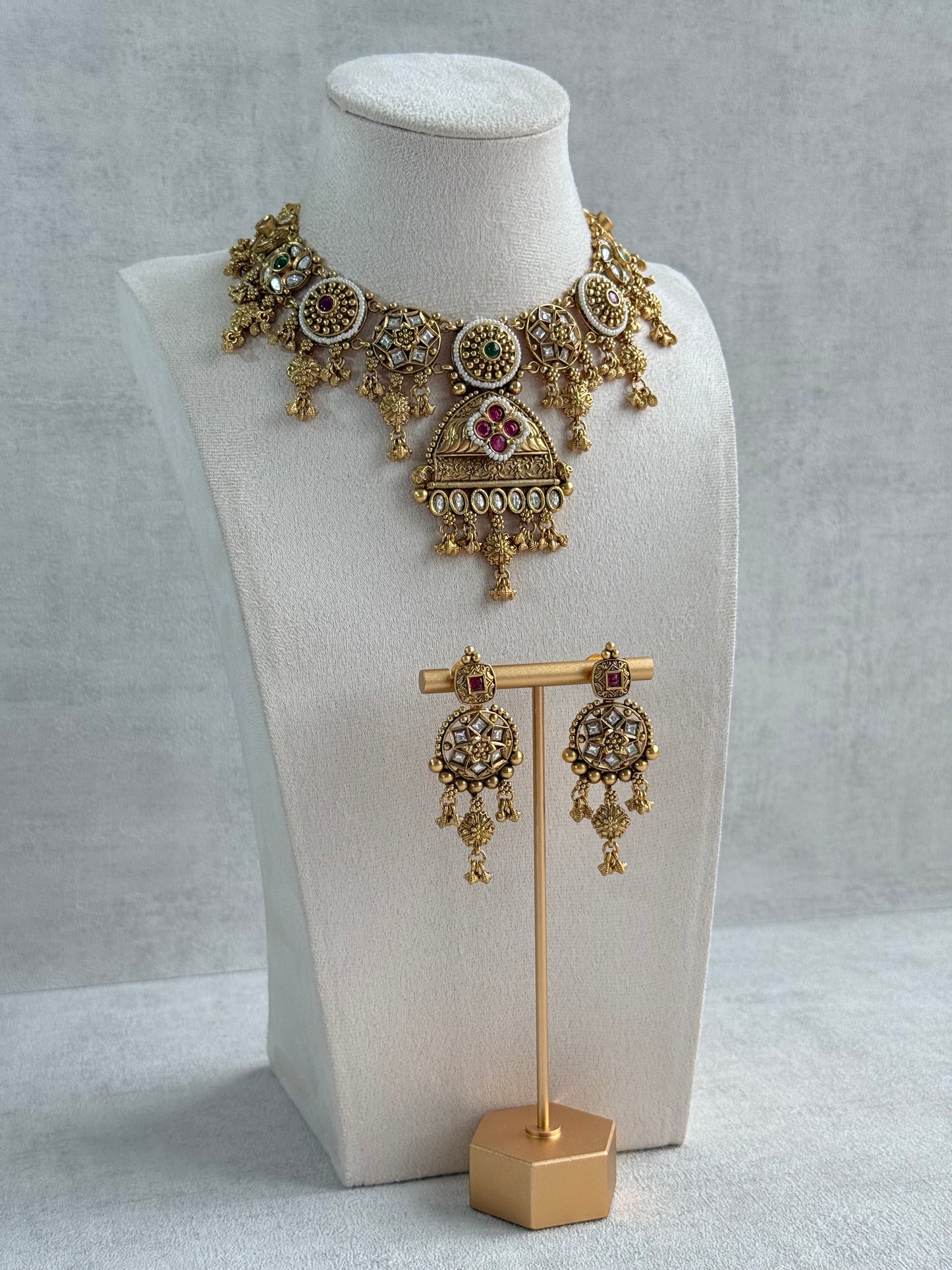 Ayura Designs Kriti Necklace Set with Earrings – Antique Gold Multicolour Kundan Design with Pearls & Ghungroo Detailing