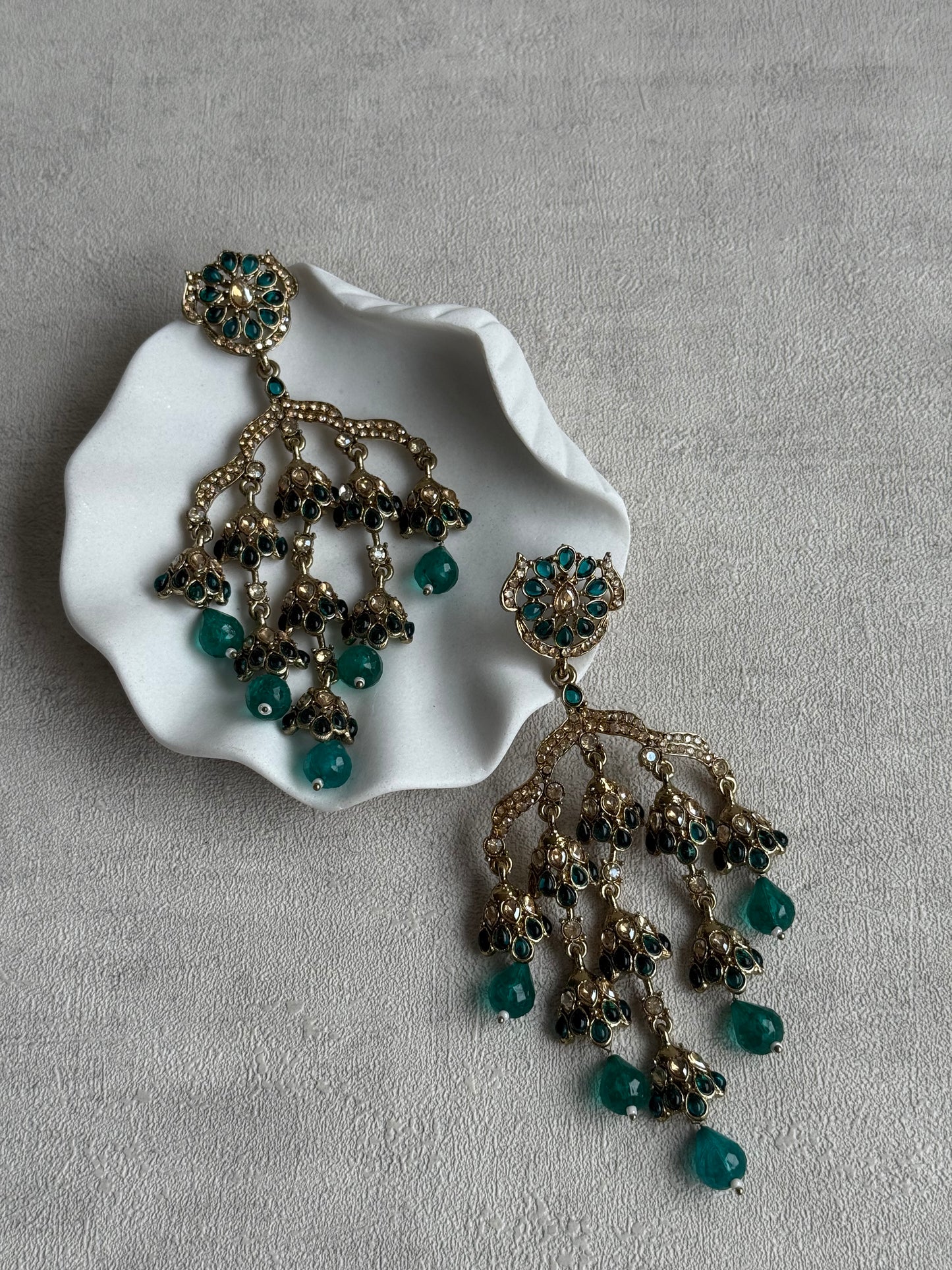 Ayura Designs Jasmine Earrings – Chandelier Earrings with Teal Green Beads & Antique Gold Detailing