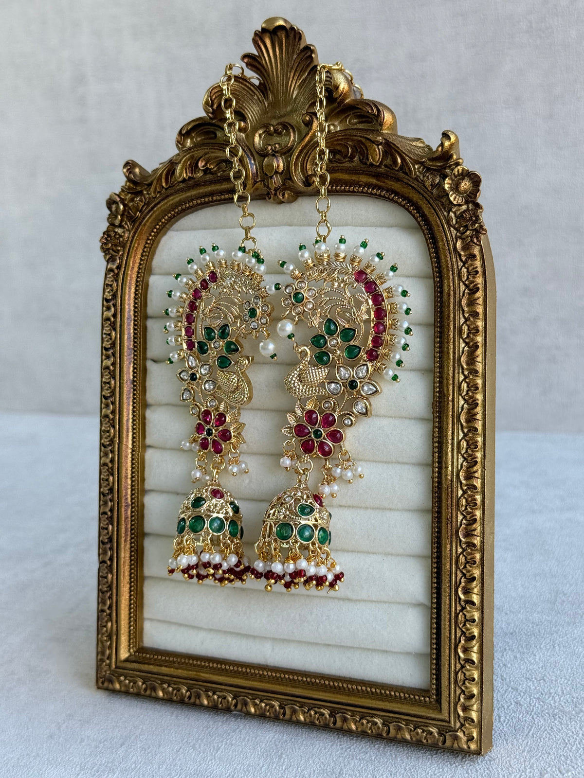 Ayura Designs Nitya Kaanphool Jhumkis – Gold Half Ear Cuff Earrings, Peacock Motifs, Pink & Emerald Green Kundan, Pearl Drops & Sahare