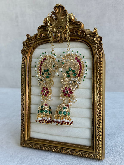 Ayura Designs Nitya Kaanphool Jhumkis – Gold Half Ear Cuff Earrings, Peacock Motifs, Pink & Emerald Green Kundan, Pearl Drops & Sahare